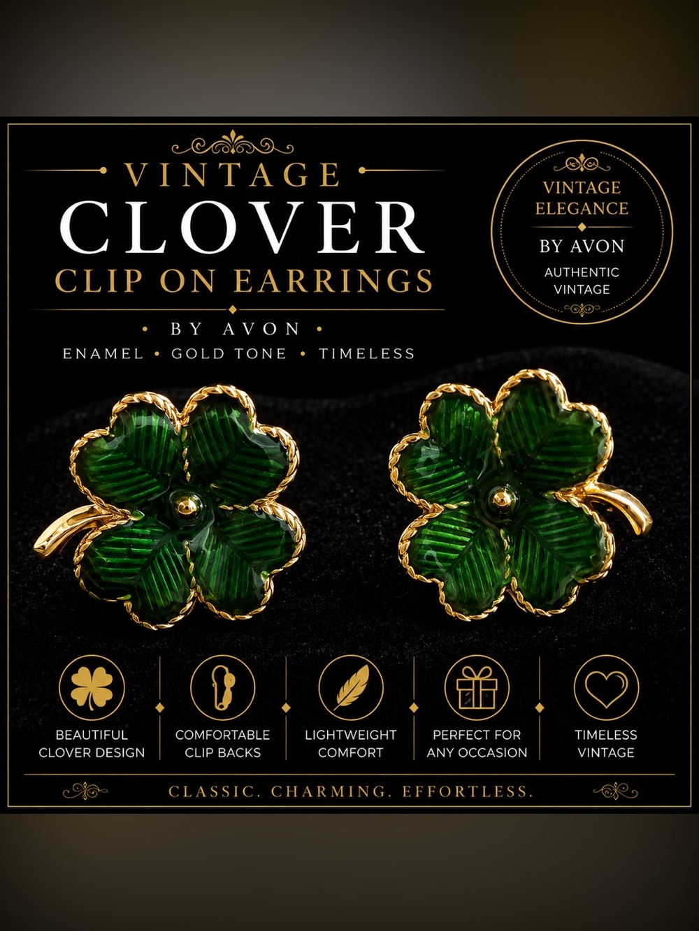 Avon Gold-Tone Green Cloverbud Clip-On Earrings